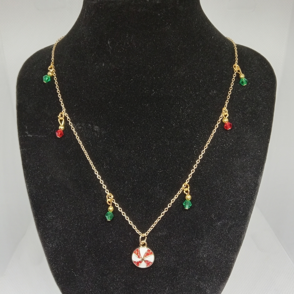 Hand Crafted Gold Necklace with Red and Green Charms - Picture 2 of 7